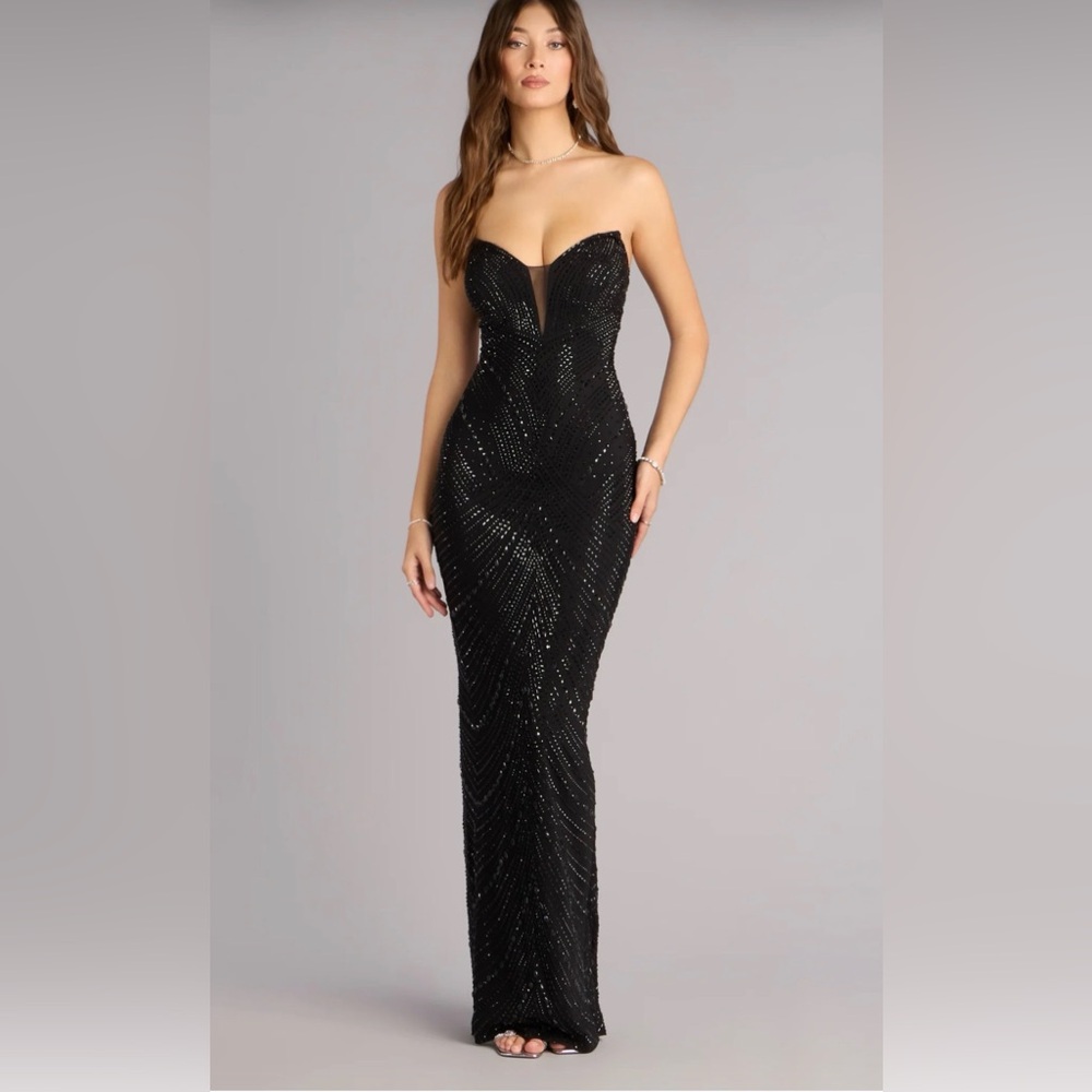 Rhinestone Plunge Mermaid Formal Dress - Black